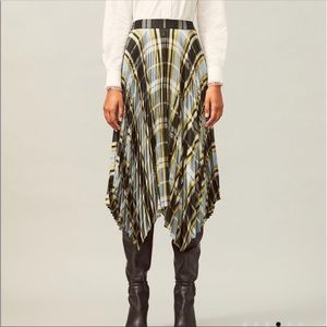 Tory Burch Sunburst Pleated Madras Silk Skirt - Navy Yellow Tartan Size 12